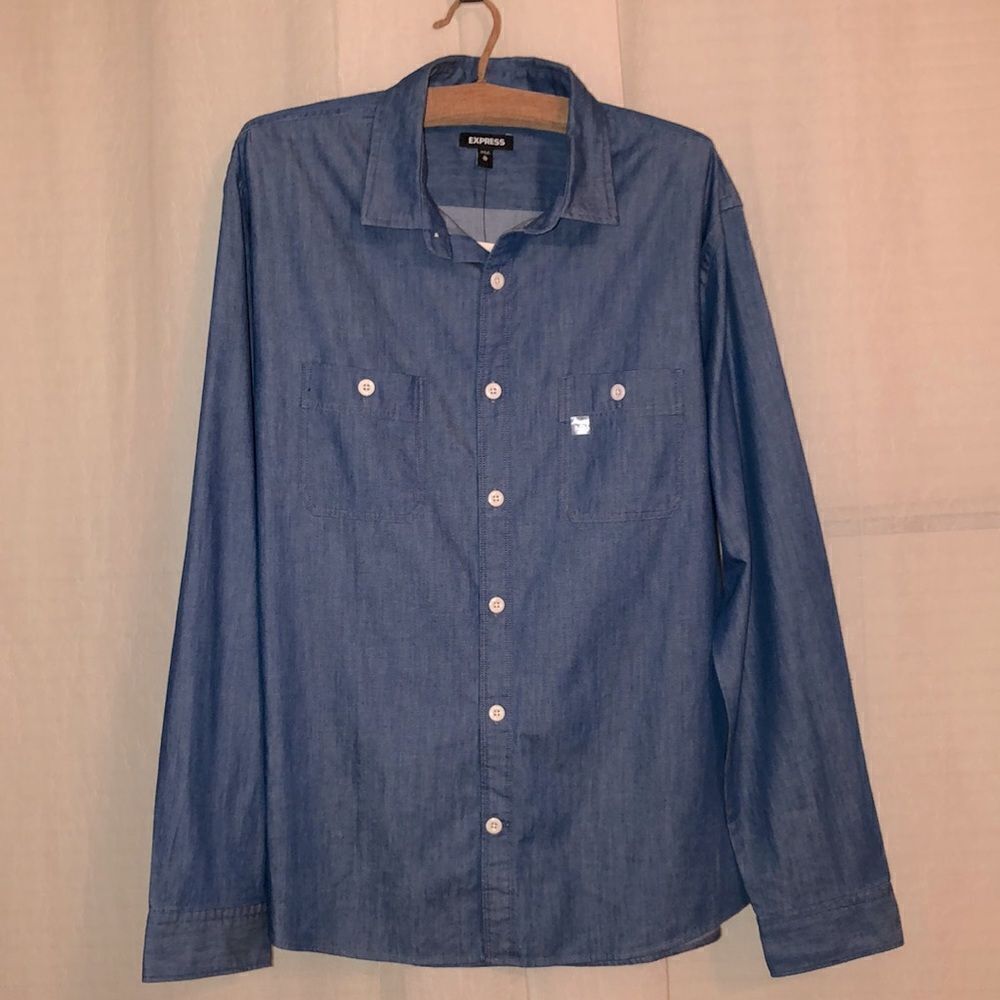 EXPRESS XL Denim Blue Cotton Button Down Casual Long Sleeve Shirt